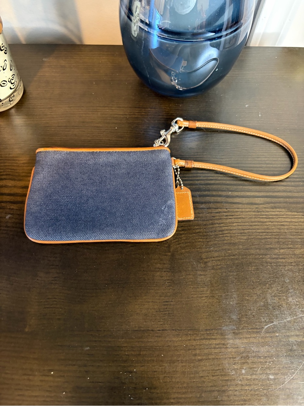 Coach Denim Wristlet with Tan Leather and Red Stripe Y2K - Picture 2 of 10